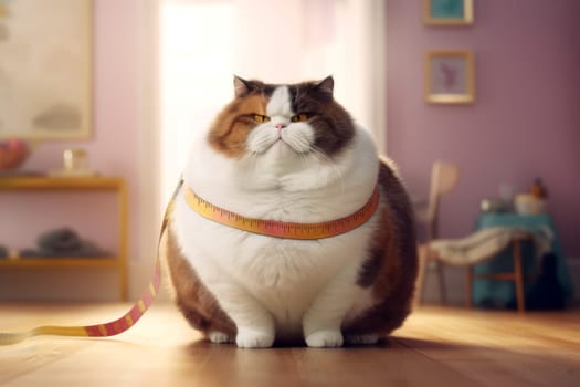 Fat cat with measurement tape. Animal meat. Generate Ai