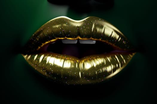 Gold lips background closeup. Model makeup. Generate Ai