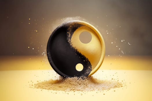 Yin yang on desert sand. Metal luxury. Generate Ai