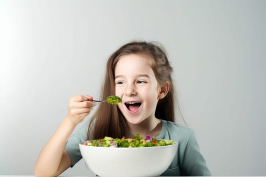Happy girl eating salad. Vegetable nutrition. Fictional person. Generate Ai