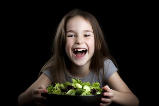 Happy smiling girl eating salad. Young female. Fictional person. Generate Ai