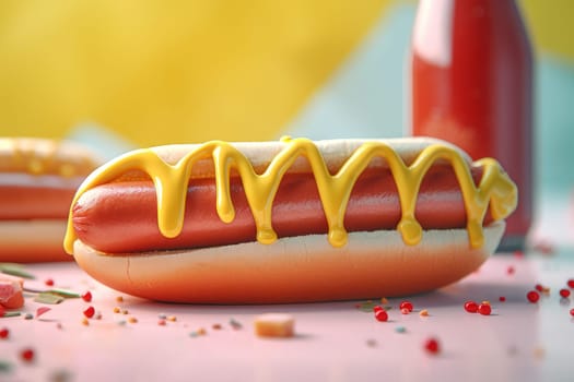 Hot dog with mustard. Bread sausage. Generate Ai