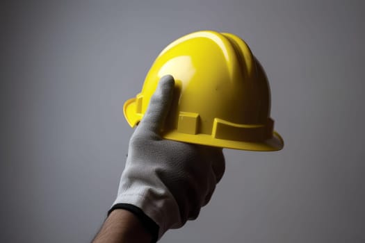 Male hand with yellow helmet. Work engineer. Generate Ai