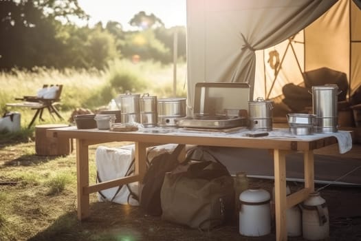 Outdoor kitchen equipment. Field camp. Generate Ai