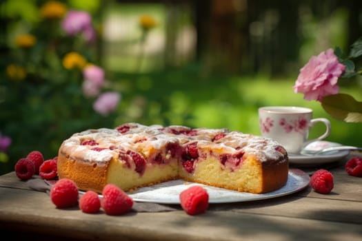 Raspberry cake in garden. Pastry food. Generate Ai
