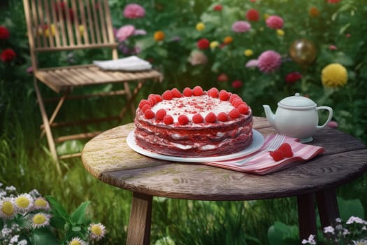 Raspberry cake on table. Pastry food. Generate Ai