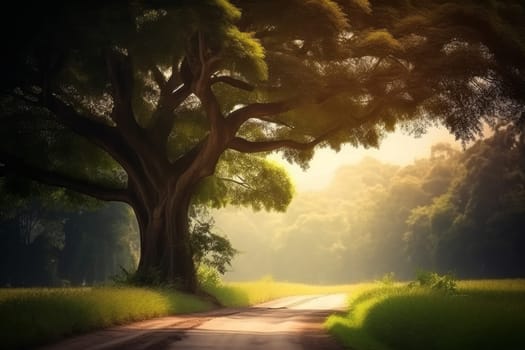 Route journey amidst tree in sun. Forest tree. Generate Ai