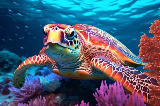 Colorful underwater sea turtle. Water reef. Generate Ai