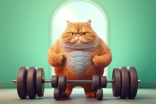 Very fat cat lift barbell. Funny character. Generate Ai