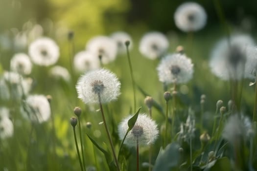 White fluffy dandelions plant. Wild field. Generate Ai