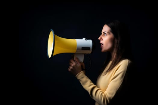 Woman with megaphone. Person loud. Fictional person. Generate Ai