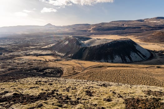 Spring at Grabrok Volcano at sunset, Iceland