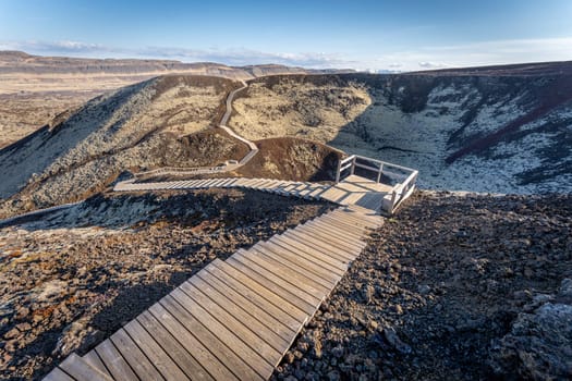 Walkways on Grabrok Volcano at sunset, Iceland