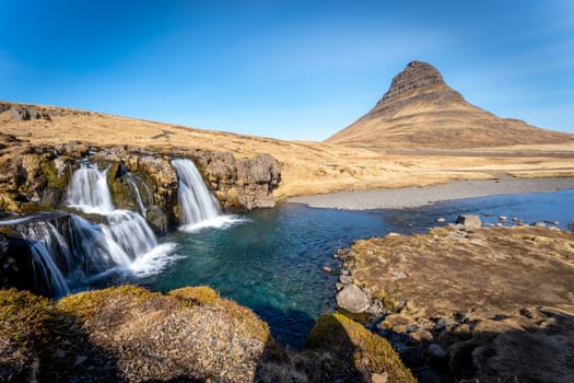 Classic view of Kirkjufell landscape in spring, Iceland