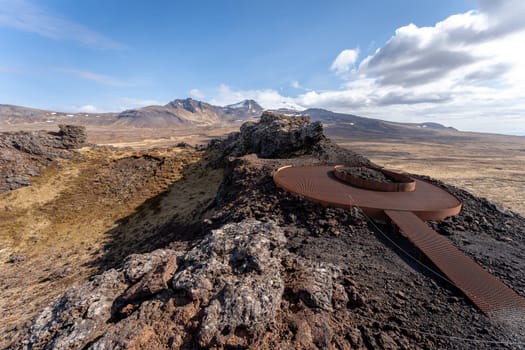 Walkways at Saxholl Crater in Iceland at spring