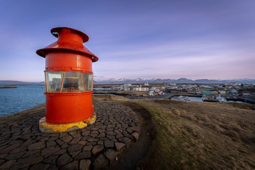 Stykkisholmur from Sugandisey red lighthouse at sunset, Iceland