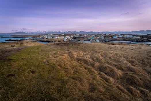 Stykkisholmur from Sugandisey lighthouse at sunset, Iceland