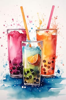 Colorful watercolor of three beverages with tapioca pearls.