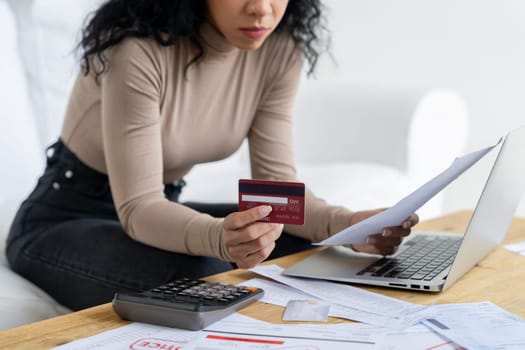 Stressed young woman has financial problems with credit card debt to pay crucial show concept of bad personal money and mortgage pay management crisis.