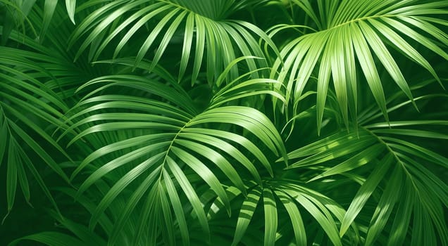 Lush green palm leaves creating a vibrant, tropical texture. High quality photo