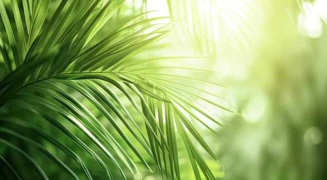 Lush green palm leaves bask in vibrant sunlight with a soft-focus background. High quality photo