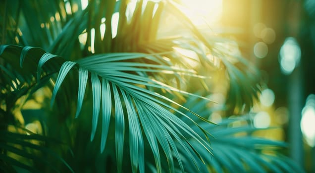 Lush green palm leaves bask in vibrant sunlight with a soft-focus background. High quality photo