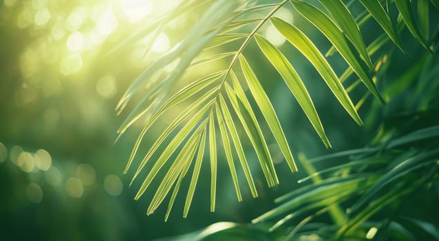 Lush green palm leaves basking in soft sunlight, depicting a tranquil natural setting. High quality photo