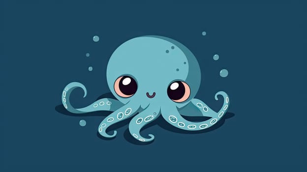 Cute blue octopus cartoon character underwater with bubbles - Generative AI