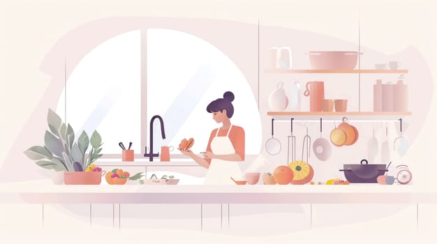 A woman enjoys a calm and bright morning as she prepares a healthy meal in a modern, sunlit kitchen, surrounded by fresh ingredients and cookware - Generative AI