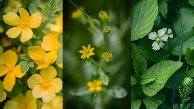 variety of three different wildflowers in full bloom, capturing the intricate details and vivid colors of each flower - Generative AI