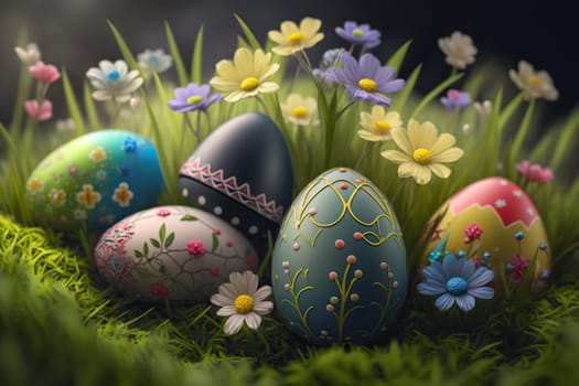 Decoratively painted Easter eggs nestled among vibrant spring flowers - Generative AI