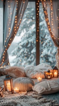 A bed with pillows and blankets lit by candles in front of a window