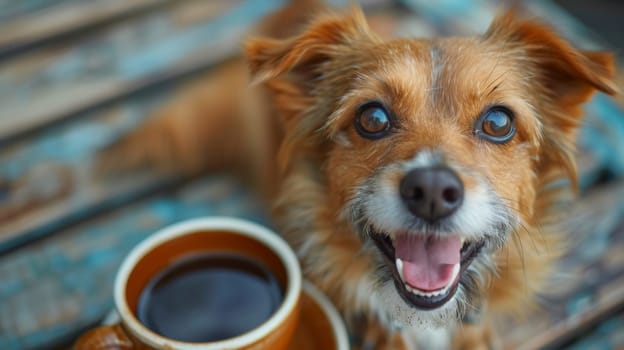 A dog with a cup of coffee next to it's face