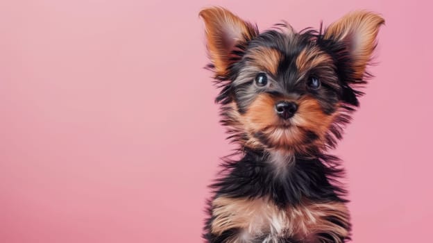 A small dog with a black and brown coat sitting on pink background