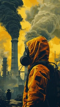 A man in a gas mask standing next to an industrial plant