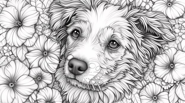 A dog is surrounded by flowers in this coloring page