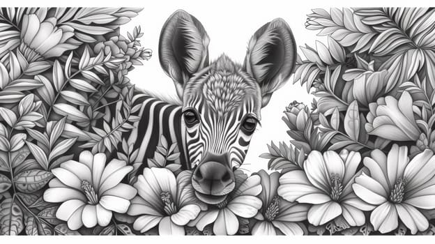 A black and white drawing of a zebra hiding in flowers