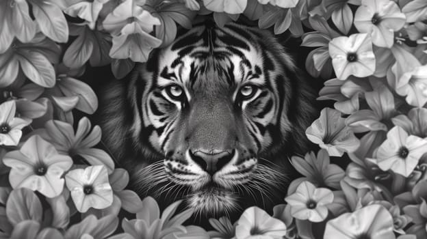 A tiger is surrounded by flowers in a black and white photo