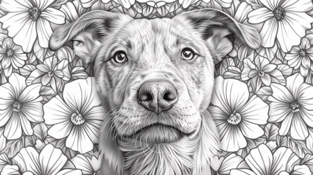 A dog is surrounded by flowers in a black and white drawing