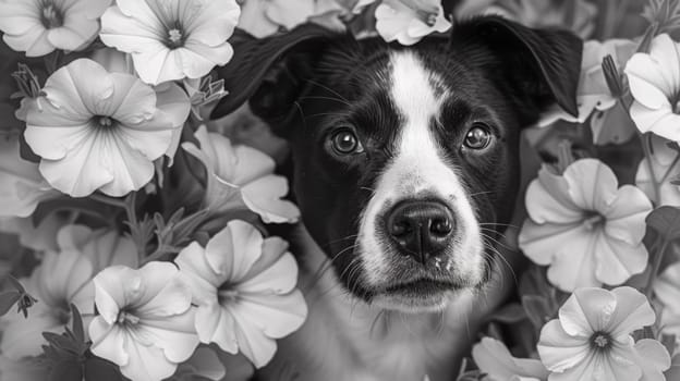 A black and white photo of a dog surrounded by flowers