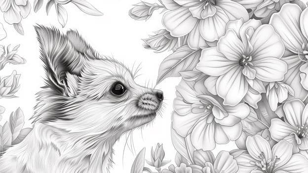 A drawing of a small dog looking at flowers