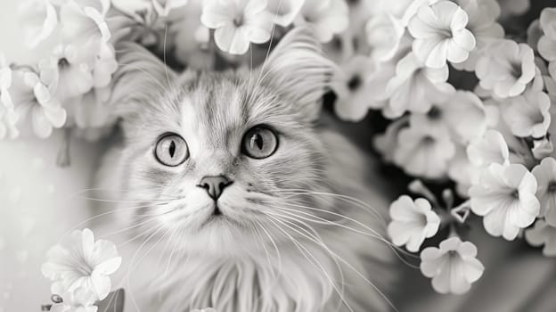 A cat is surrounded by flowers in a black and white photo