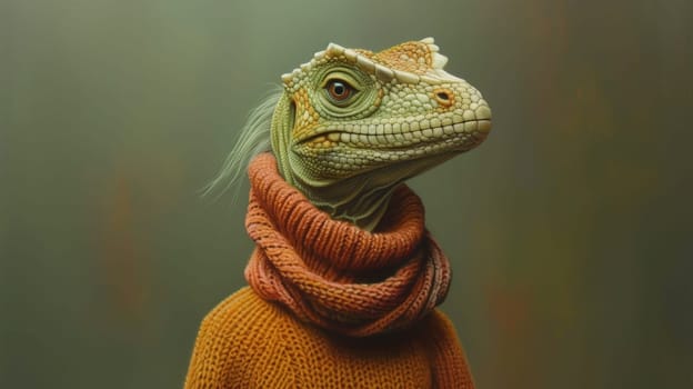 A lizard wearing a sweater and scarf