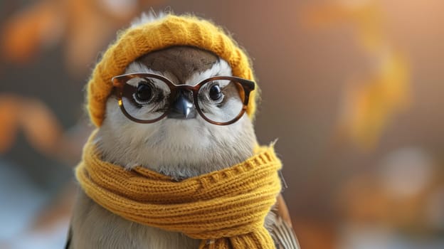 A bird wearing a hat and scarf with glasses on