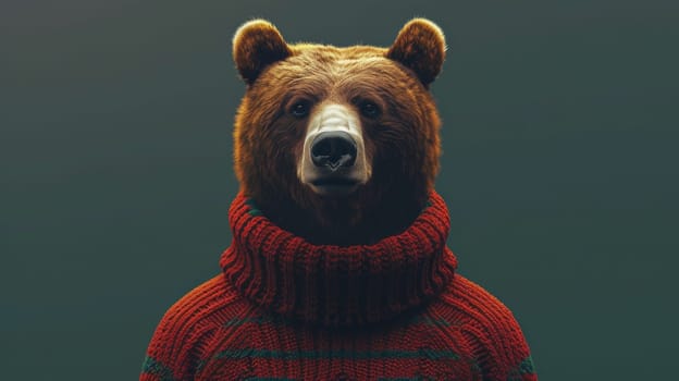 A bear wearing a sweater with the face of an animal