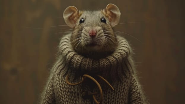 A close up of a rat wearing an oversized sweater