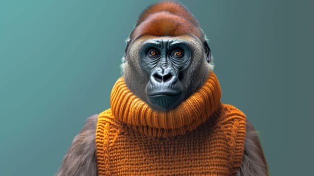 A gorilla wearing a sweater with an orange tie