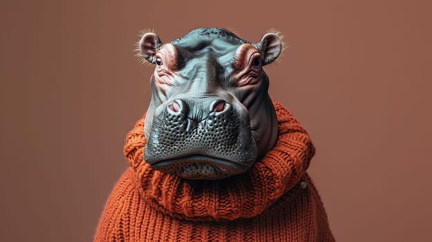 A hippo wearing a sweater with an orange color