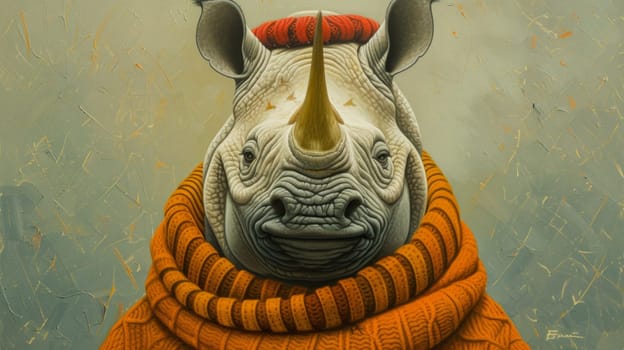 A rhino wearing a sweater and standing on grass