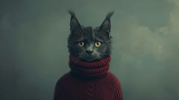 A black cat wearing a red sweater with an evil look on its face